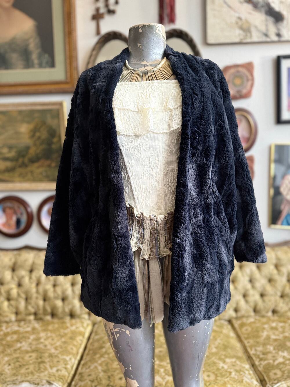 Anthropology Greyish Blue Faux Fur Open Jacket Size Small